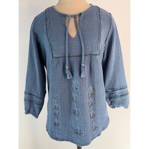 Johnny Was Calme Blue Organic Cotton Tunic Top Embroidered Boho Casual Medium